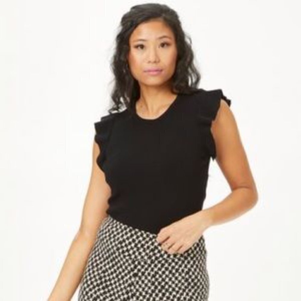 Philosophy Republic Ruffled Flutter Sleeve Black Knit Top Blouse Large NWT